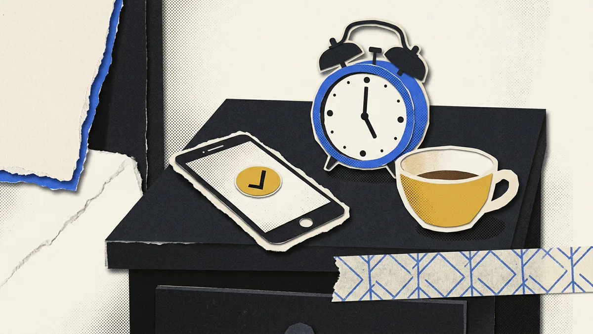 A late-night phone checkout next to an alarm clock showing five hours of sleep